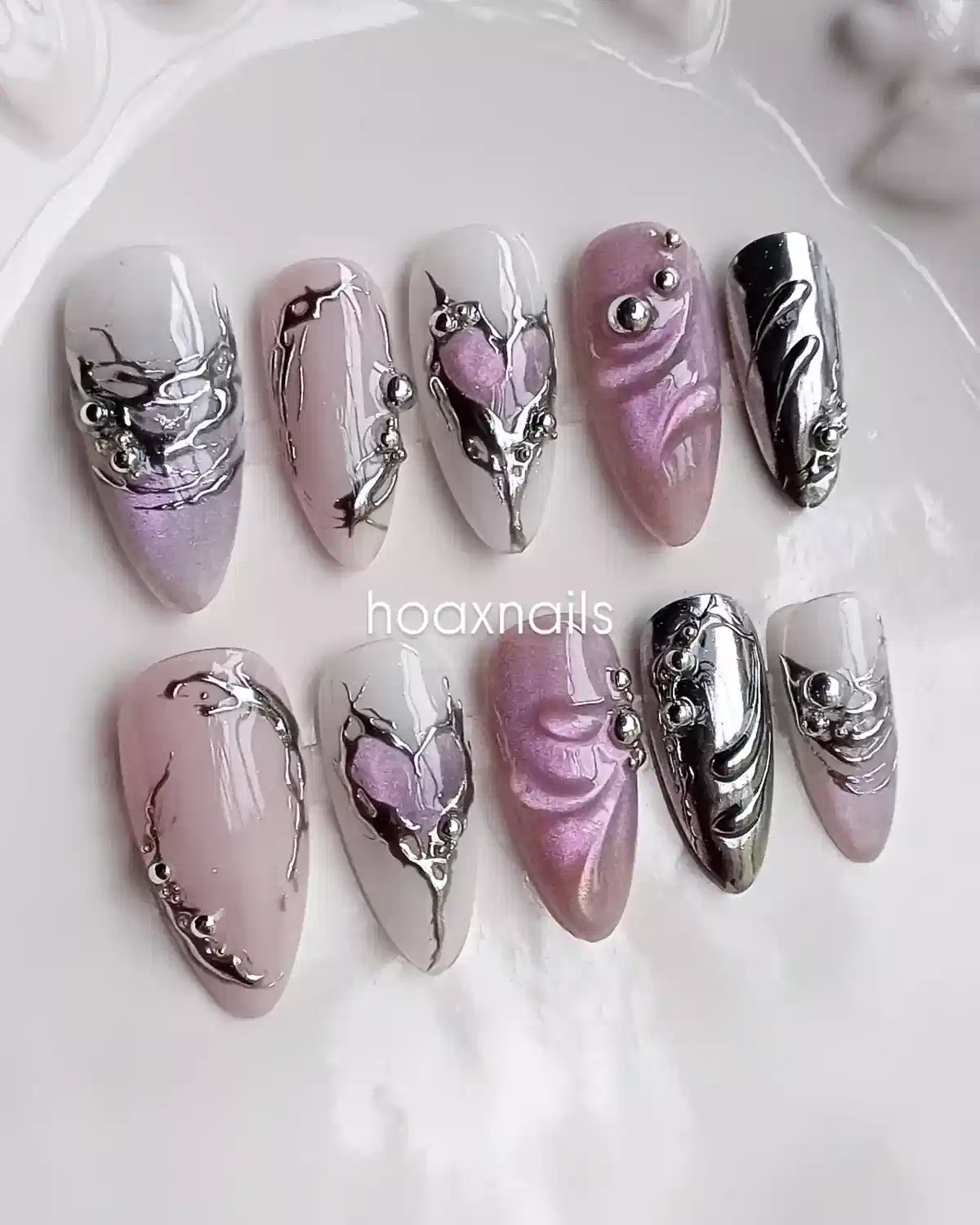 Lavender and chrome-silver 3D embellished nail set