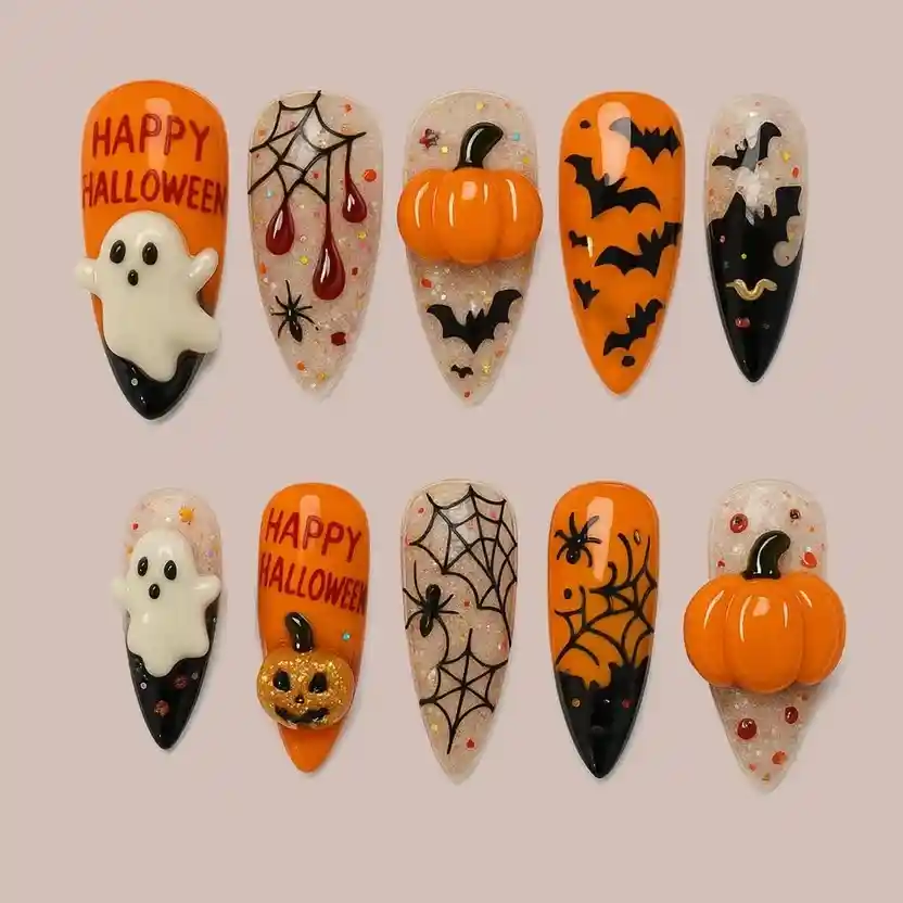 Orange and black Halloween-themed set with ghosts, webs, bats, and pumpkins
