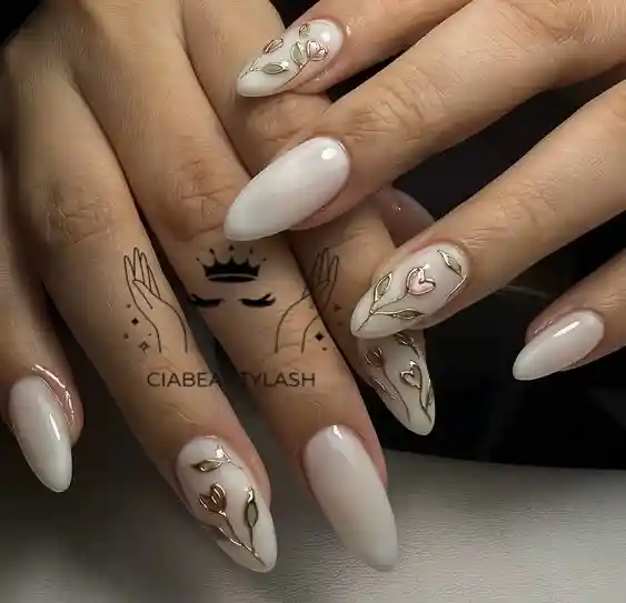 Milky white ombré with gold line-art faces and hearts
