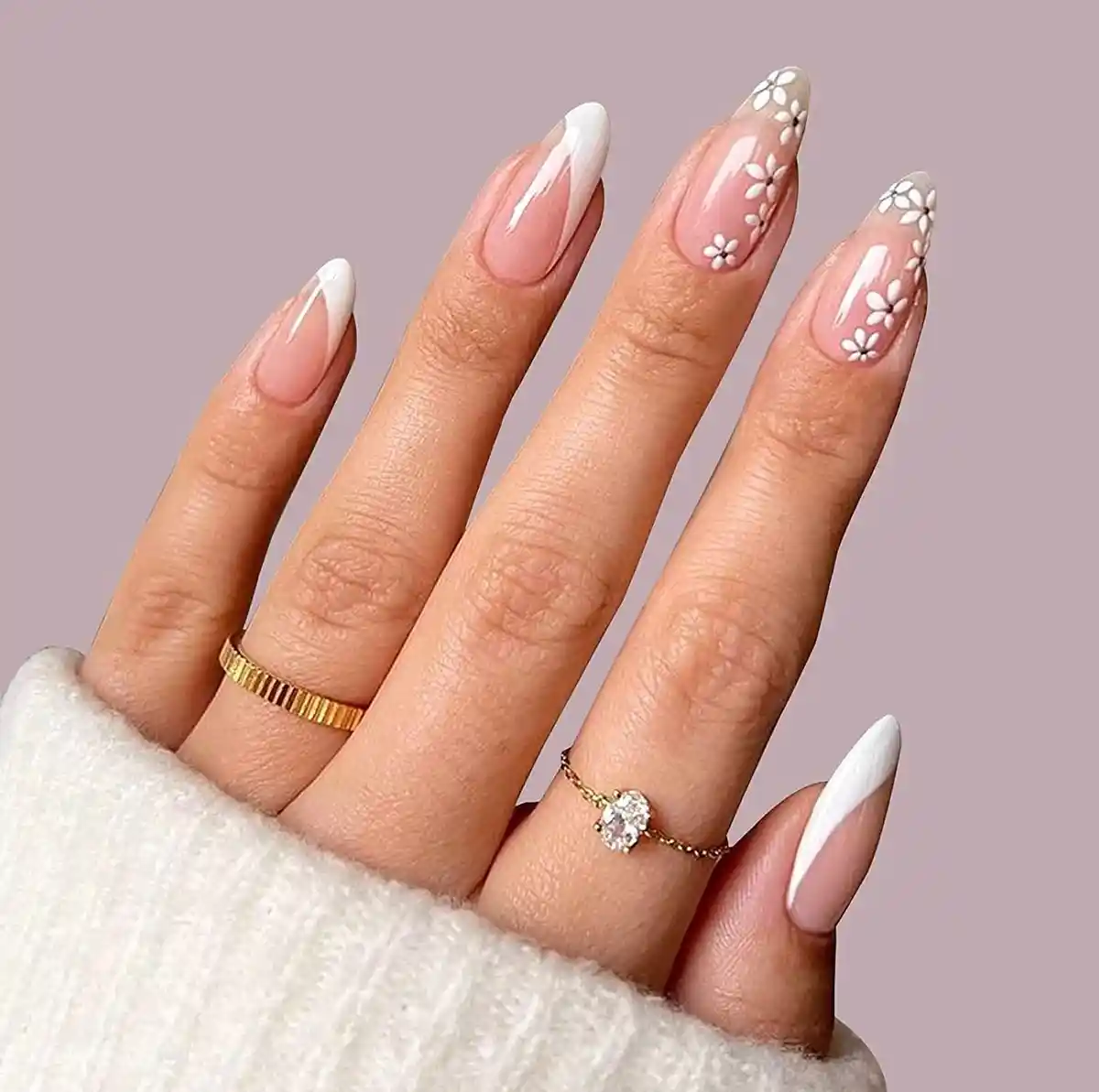 White French tips with side daisy accents