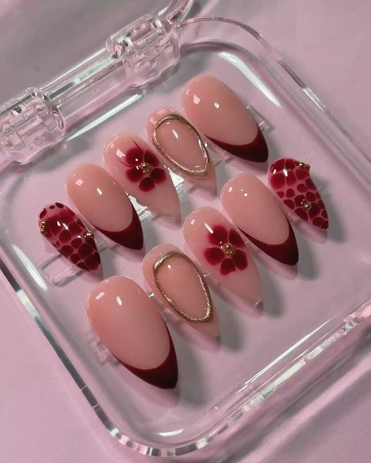 Nude Pink and Red Tipped Set with Floral Motifs and Gold-Glitter Frames