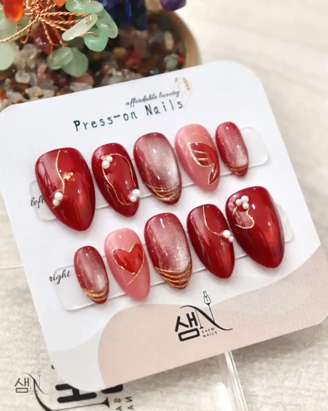 Red and pink glossy set with heart detail and pearl accents