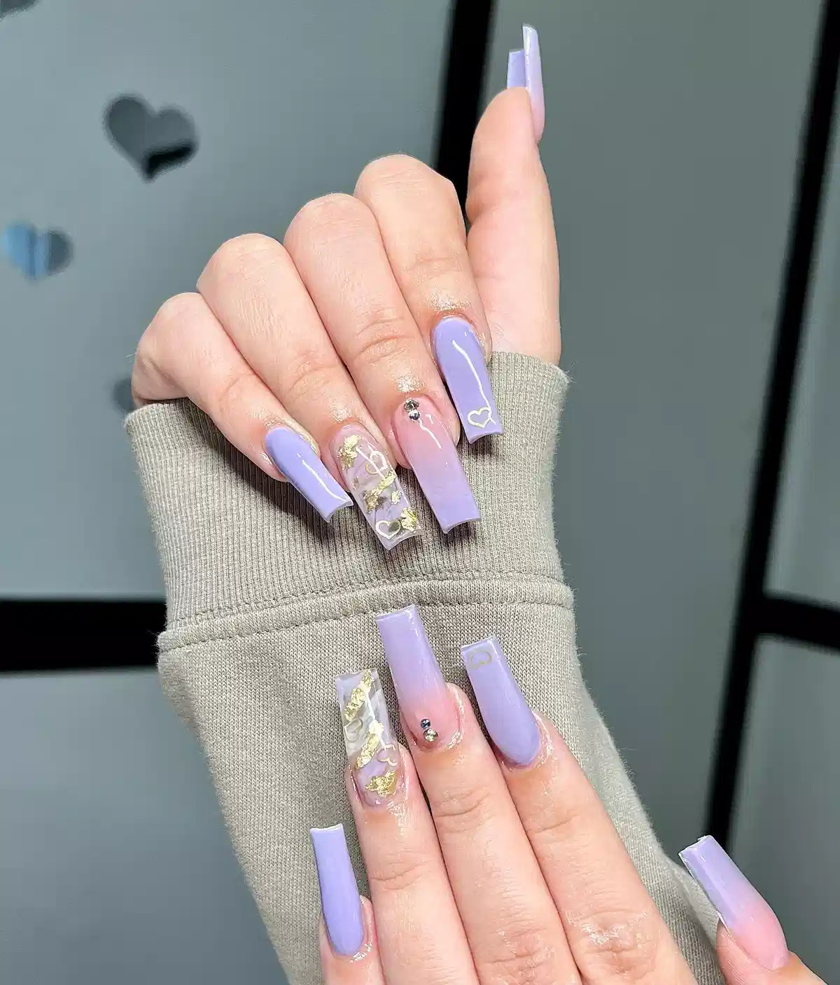 Lavender coffin nails with clear gold-foil heart accent