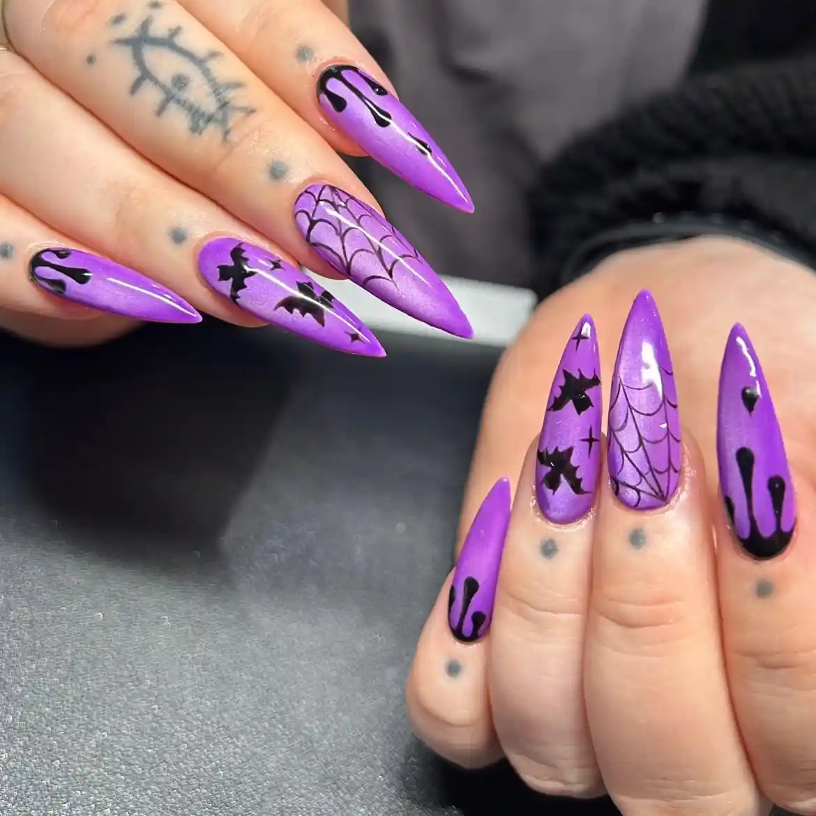 Purple Stilettos with Black Drips, Bats, and Webs