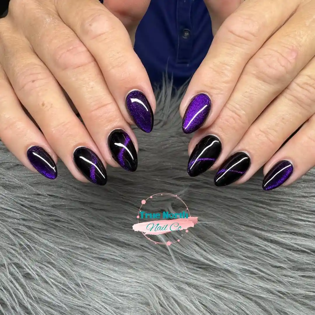 Black Nails with Diagonal Purple Shimmer Bands