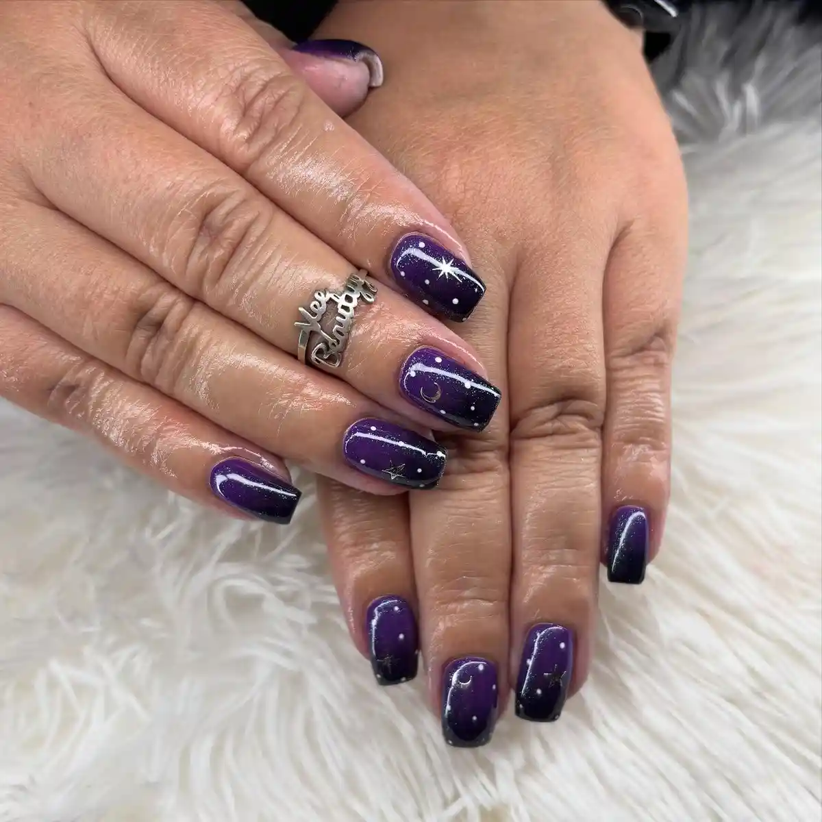Purple-Black Gradient with White Stars and Moon Details