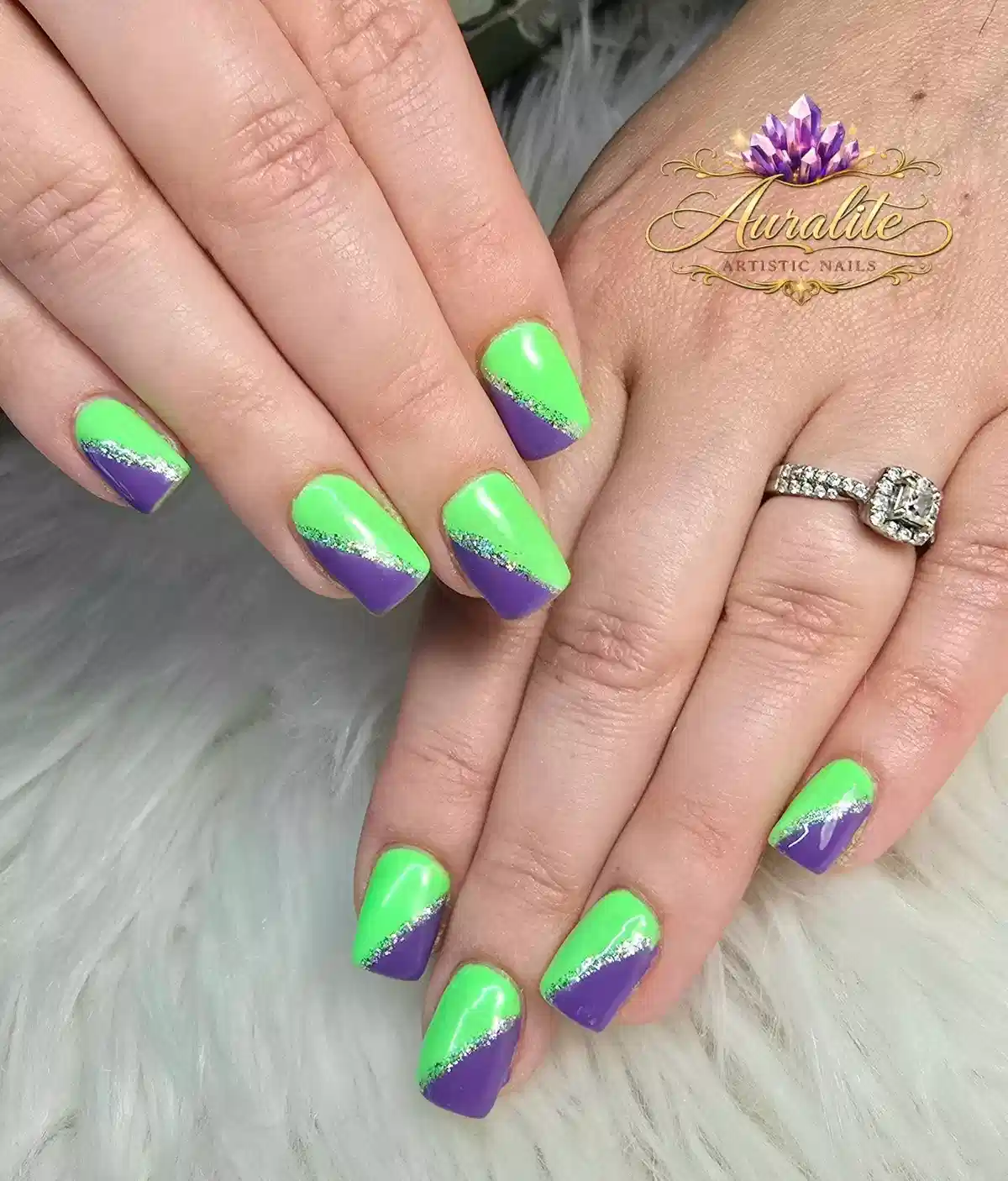 Diagonal neon green and purple color-block with silver stripe