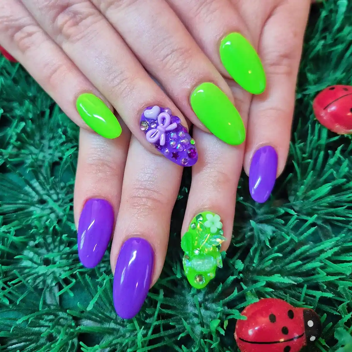 Solid purple and neon green with 3D bow and floral embellishments