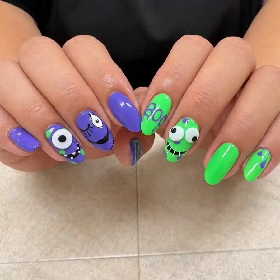 Purple and neon green cartoon faces with 'BOO' text