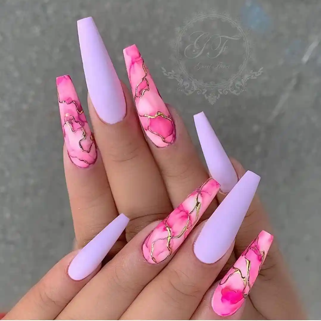 Matte lilac coffins with pink marbled gold-vein accents