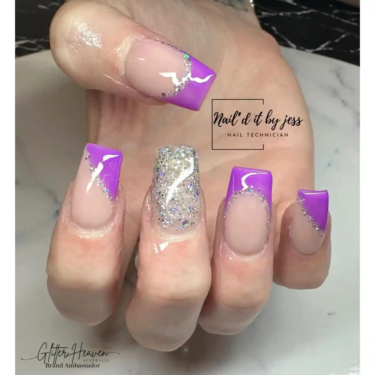 Purple French tips with silver glitter outline