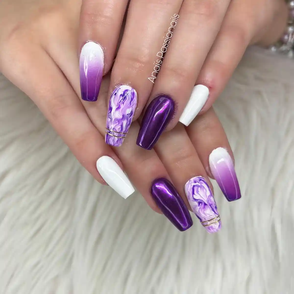Coffin set with purple ombré, metallic purple, and marbled accents with gold lines