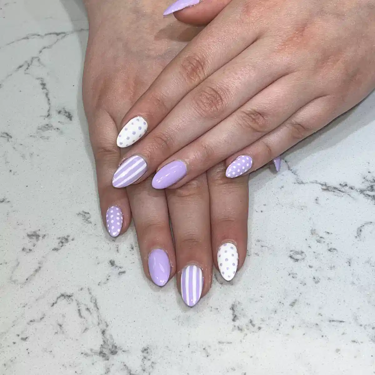 Pastel lavender set with stripes and dotted white accents