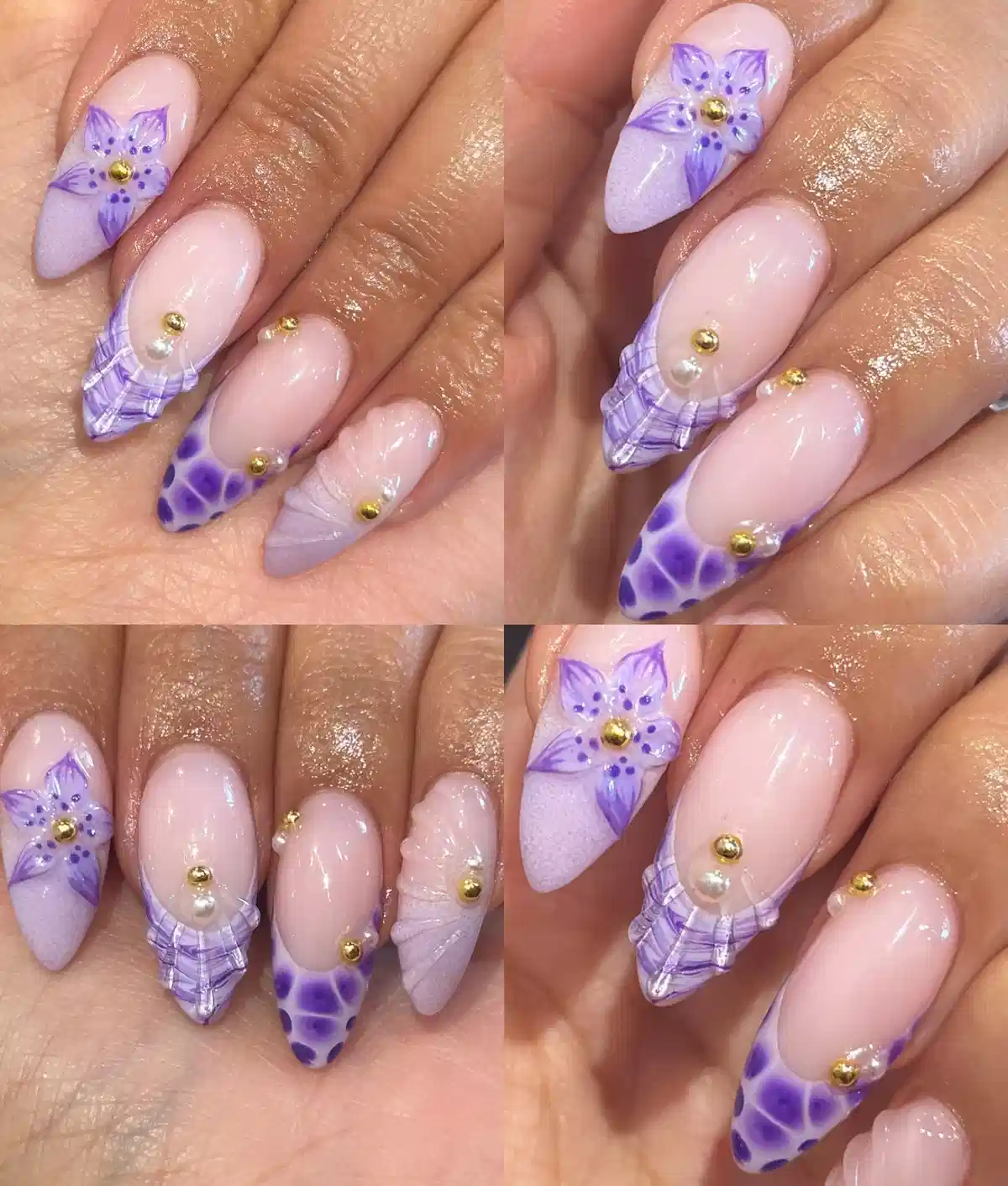 Almond nude base with purple tip art and beads