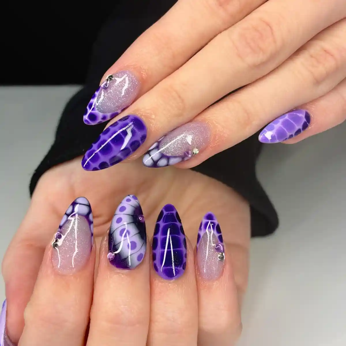 Purple web-pattern mix with shimmer base and small gems
