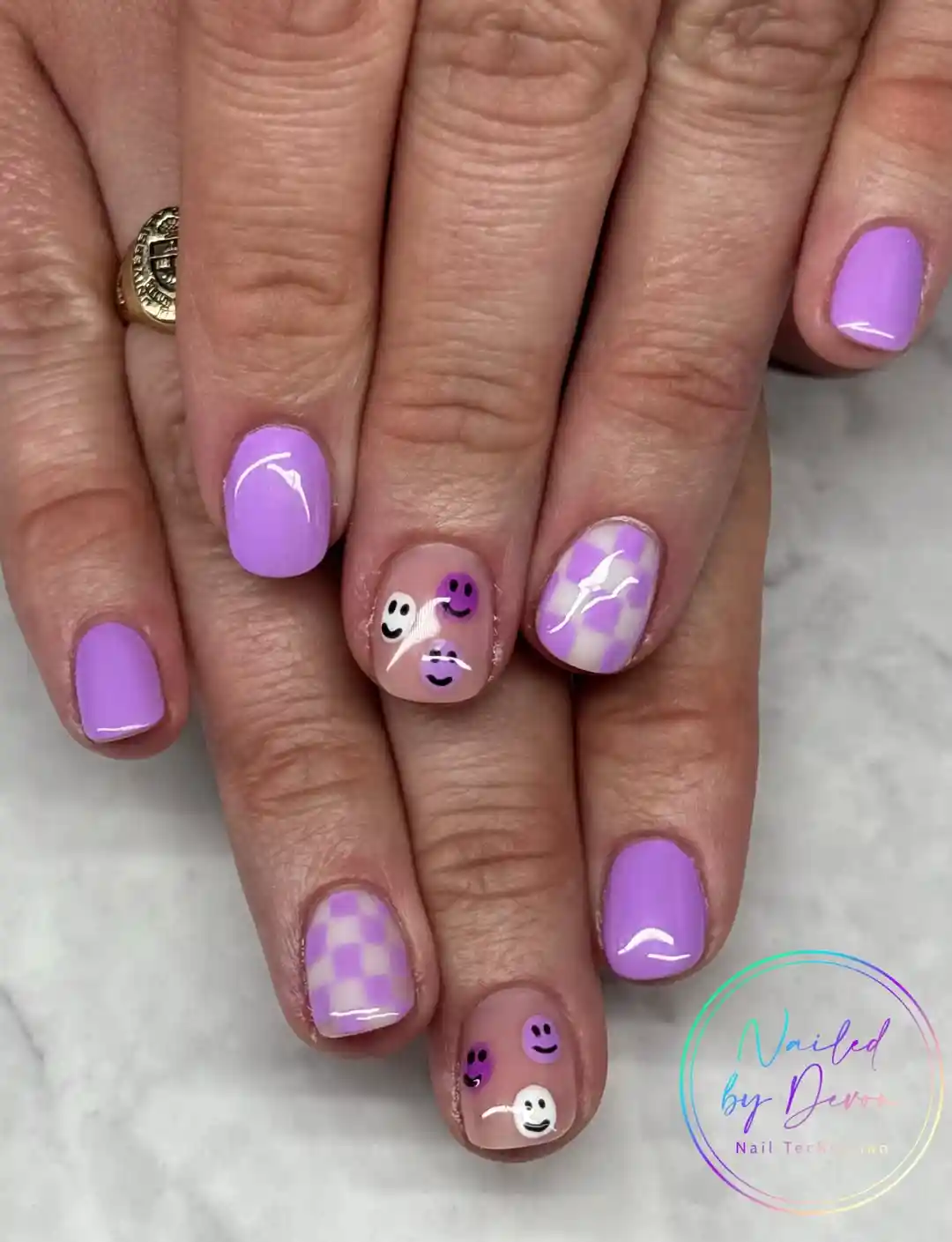 Lavender set with smiley and checkerboard accents