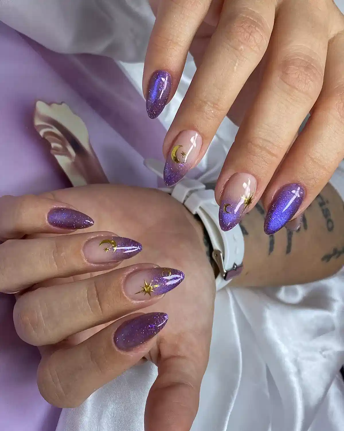 Purple glitter with moon-and-star accents