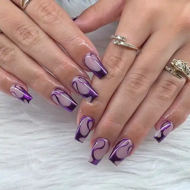 Purple chrome French tips with nude base and swirl outlines
