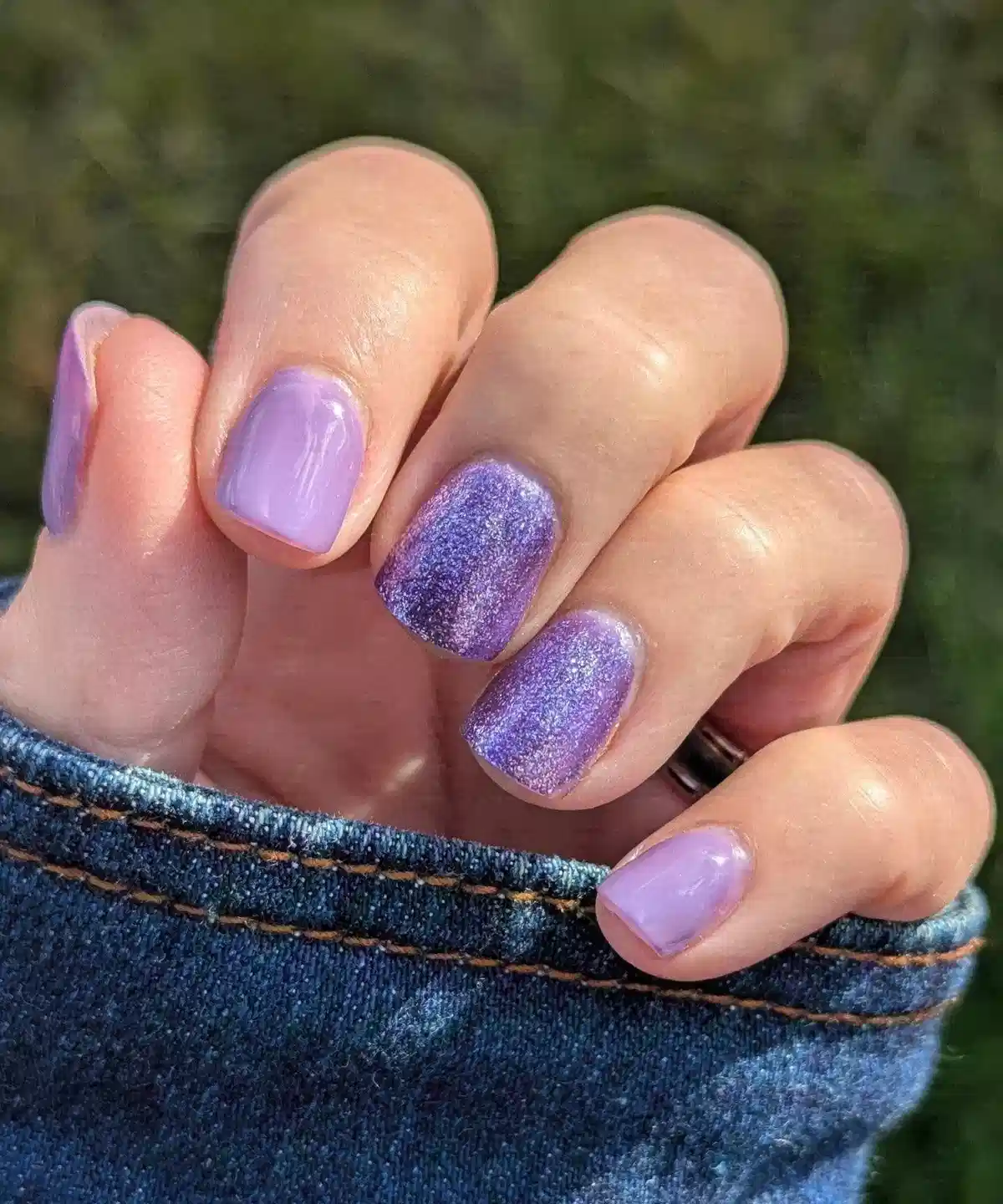 Short lavender with purple glitter accents