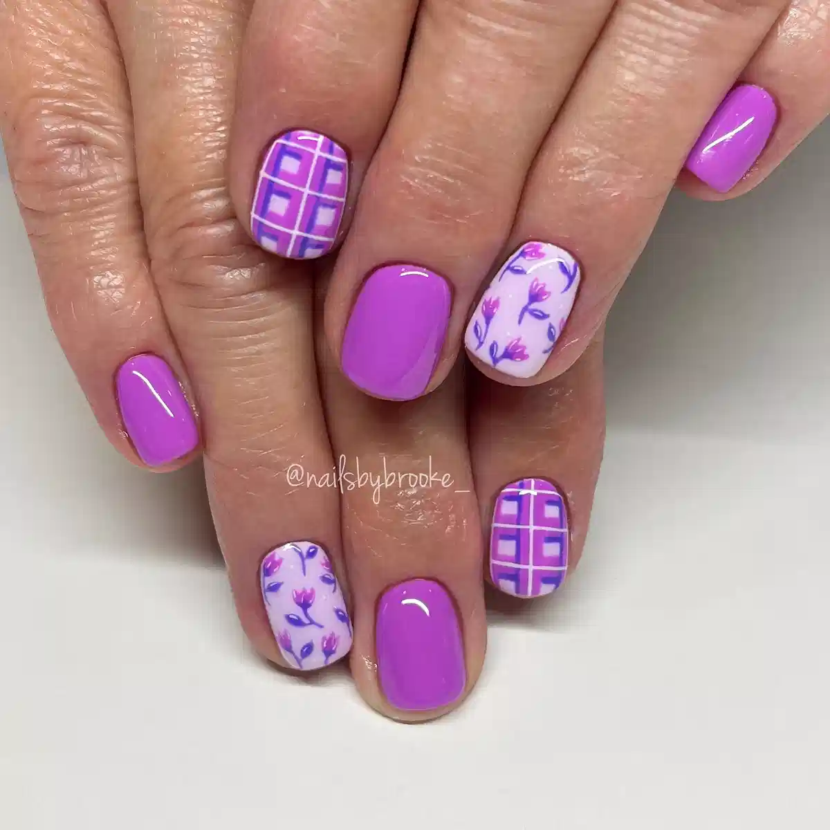Glossy purple with plaid and tiny florals