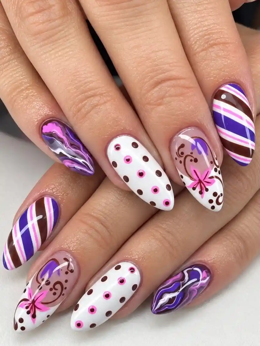 Mixed purple art: marbling, stripes, dots, and florals