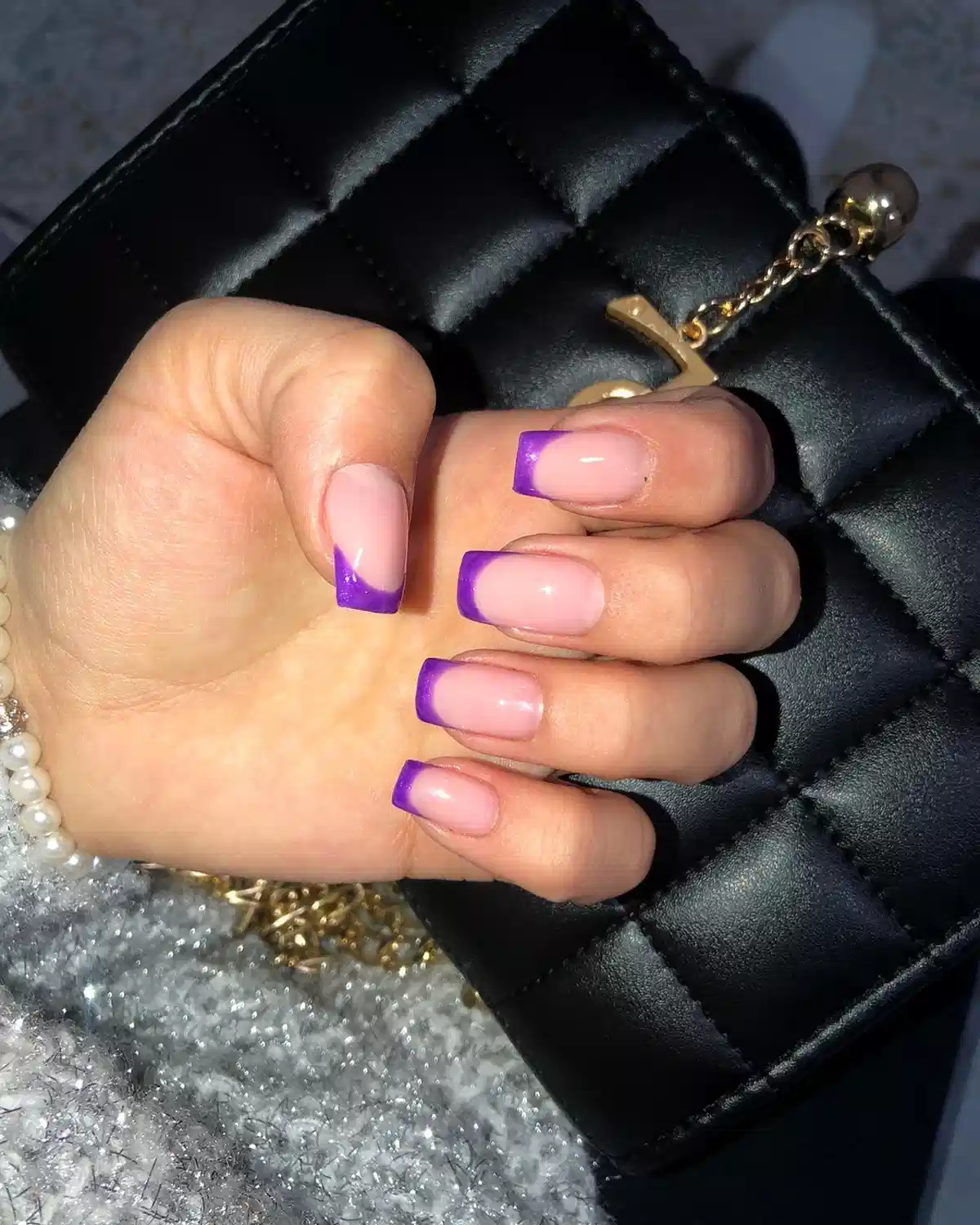 Glossy Purple French Tips with a Curved Smile Line