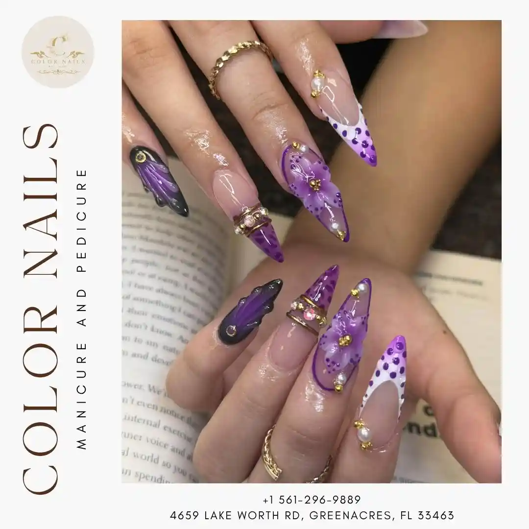 Purple embellished stiletto set featured in a salon promo graphic