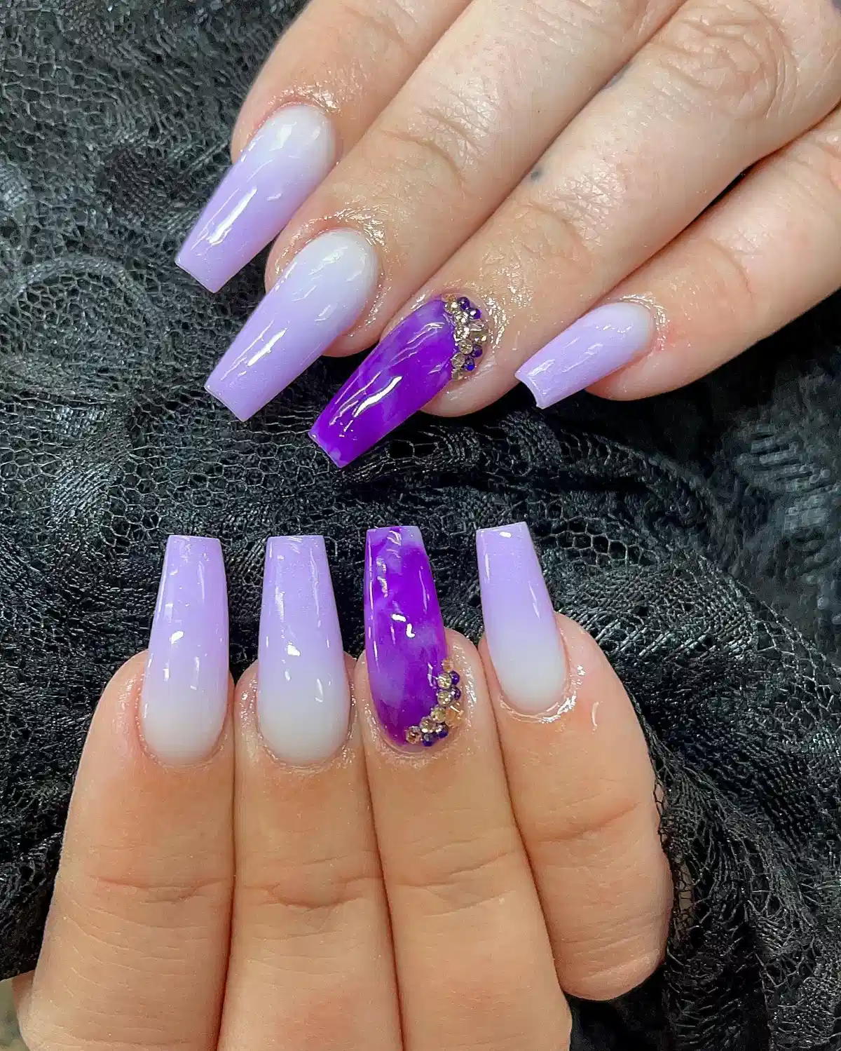 Lavender-to-White Ombre with Rhinestone Purple Accents