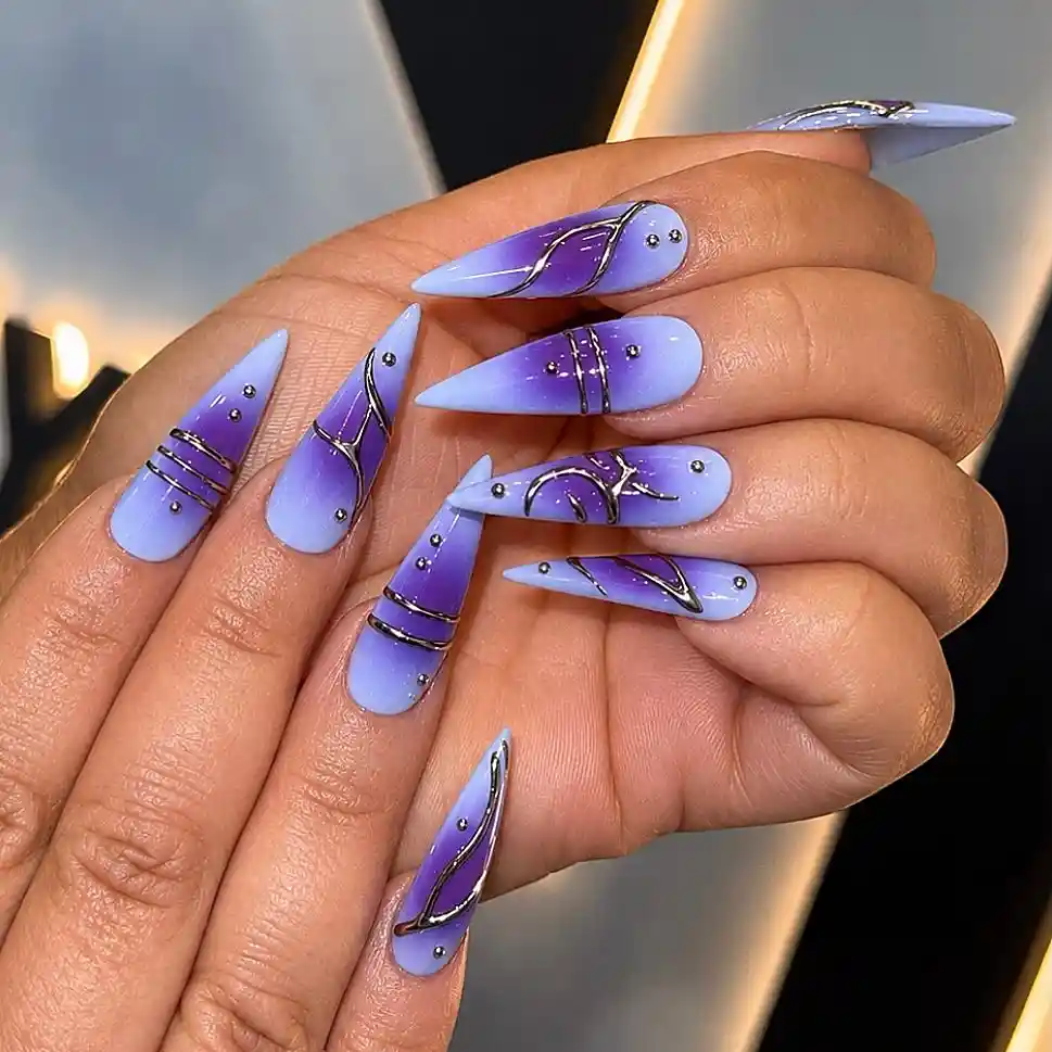 Periwinkle-Purple Ombre with Metallic Linework and Studs
