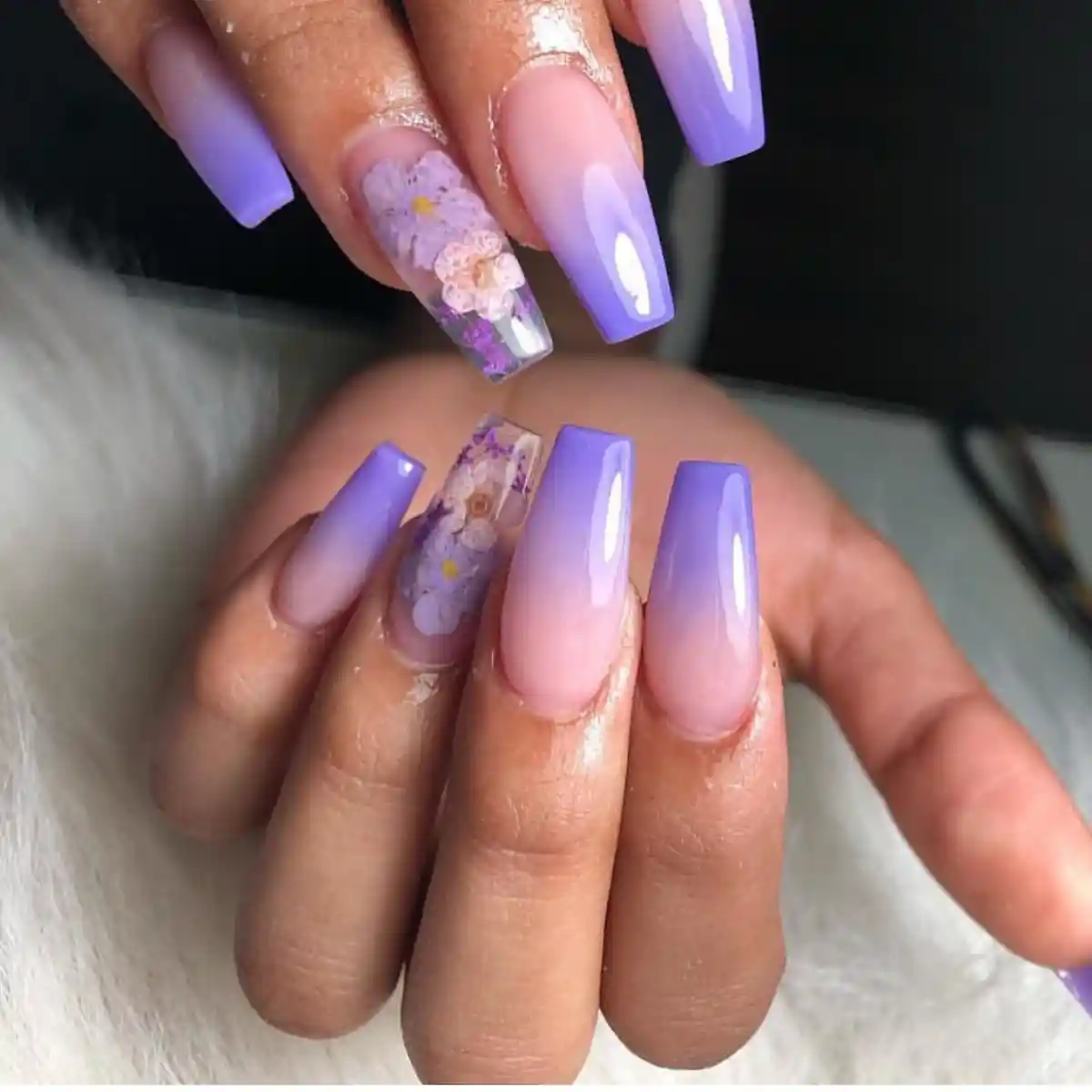 Pink-to-Lavender Ombre with Floral Accent Nails