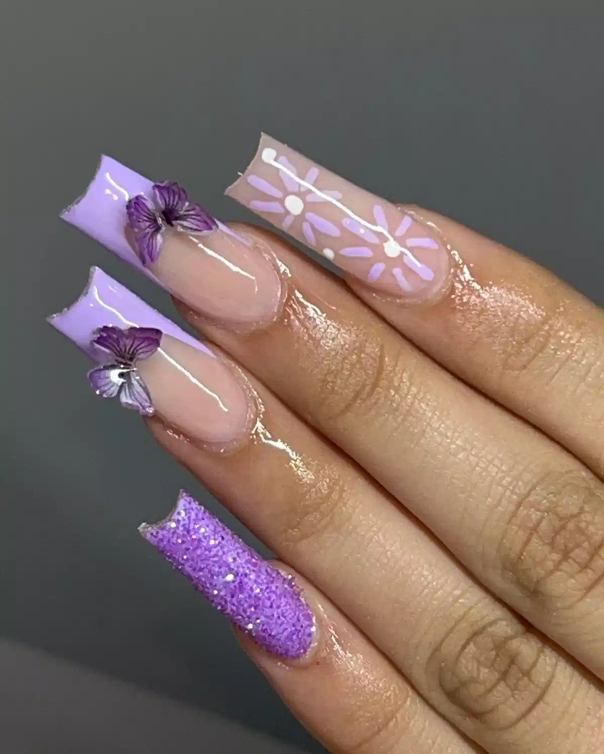 Lavender tips with 3D florals and a textured glitter accent