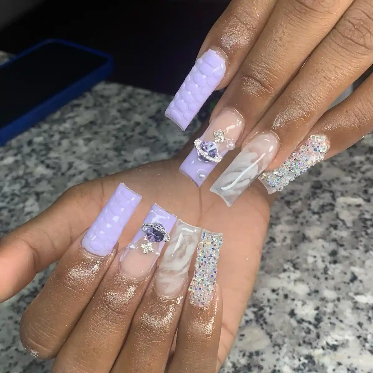 Lavender textured set with marbling and heavy rhinestone accents