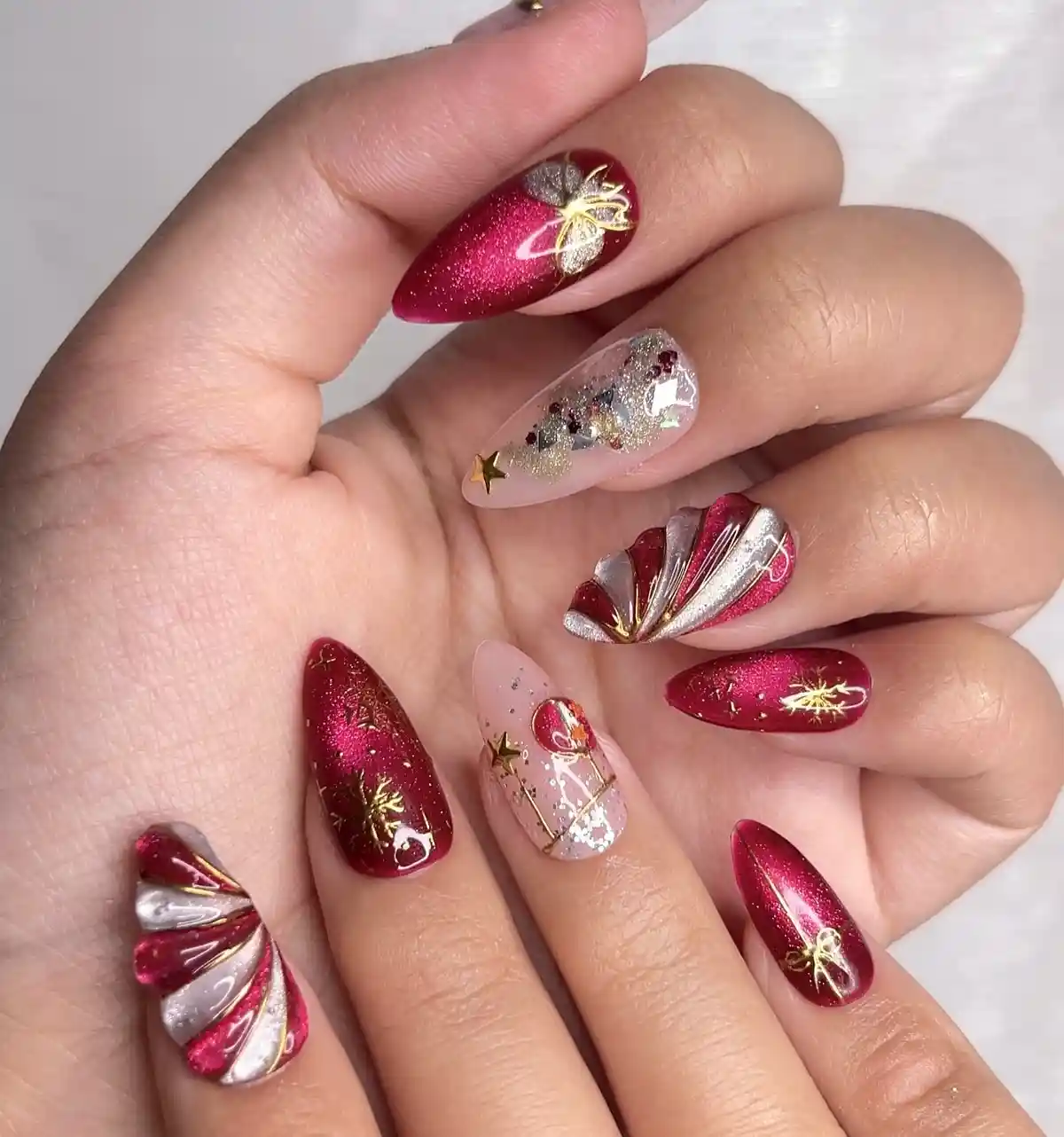 Shimmery red with gold accents and glitter accents