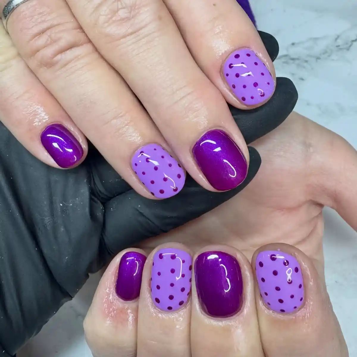 Deep purple solids with lavender polka-dot accents