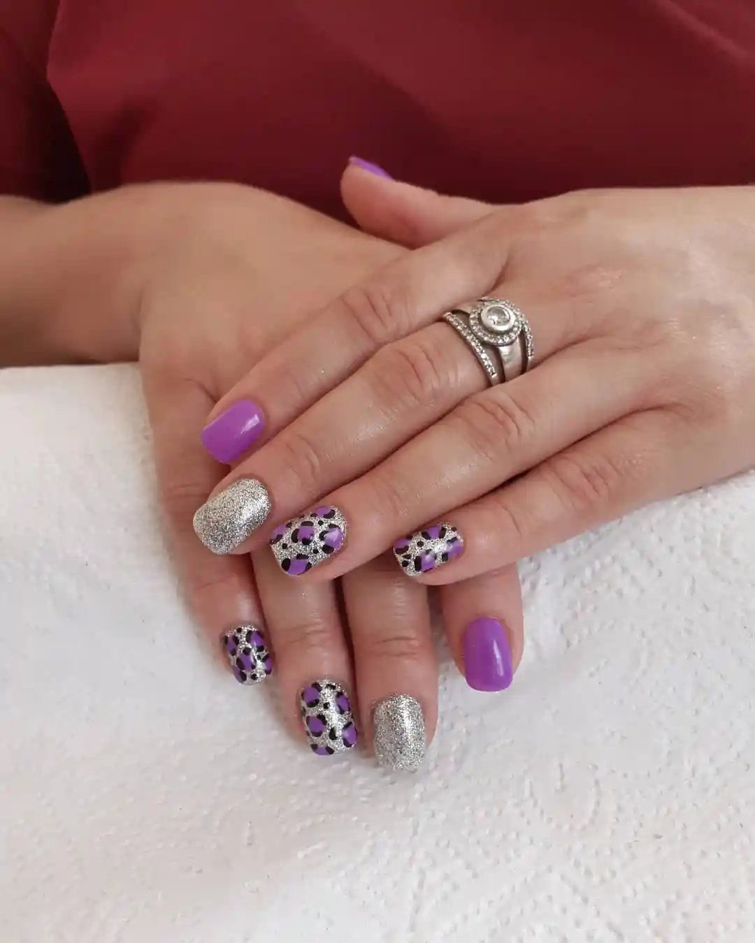 Purple and Silver Glitter with Spotted Accent Nails