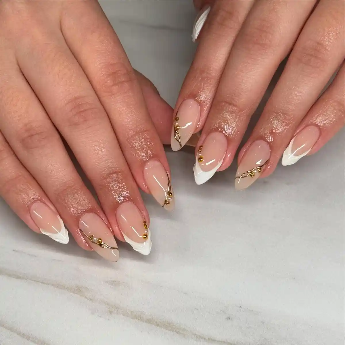 French tips with gold chain-like bead detailing