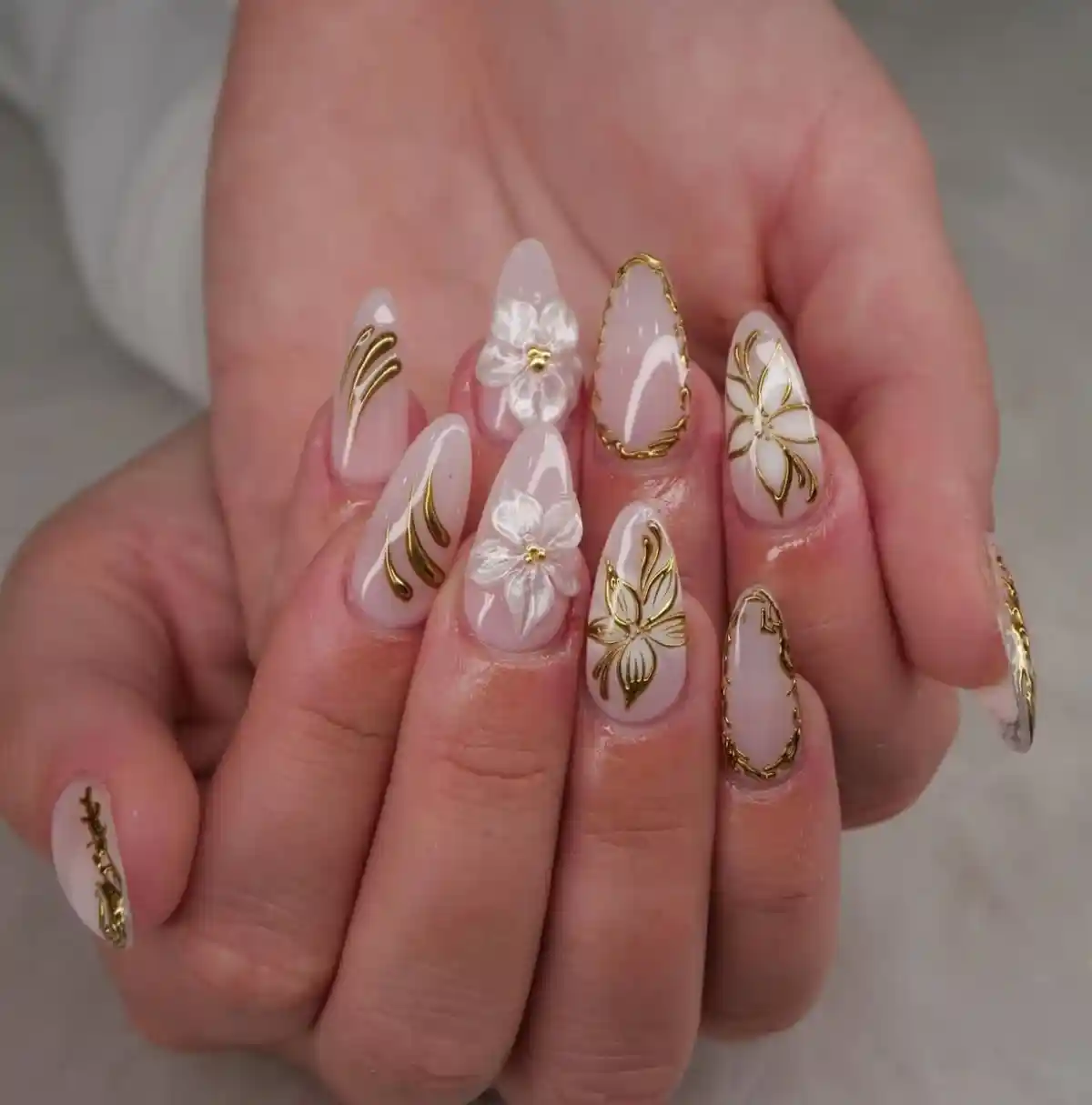 Gold linework florals on nude base