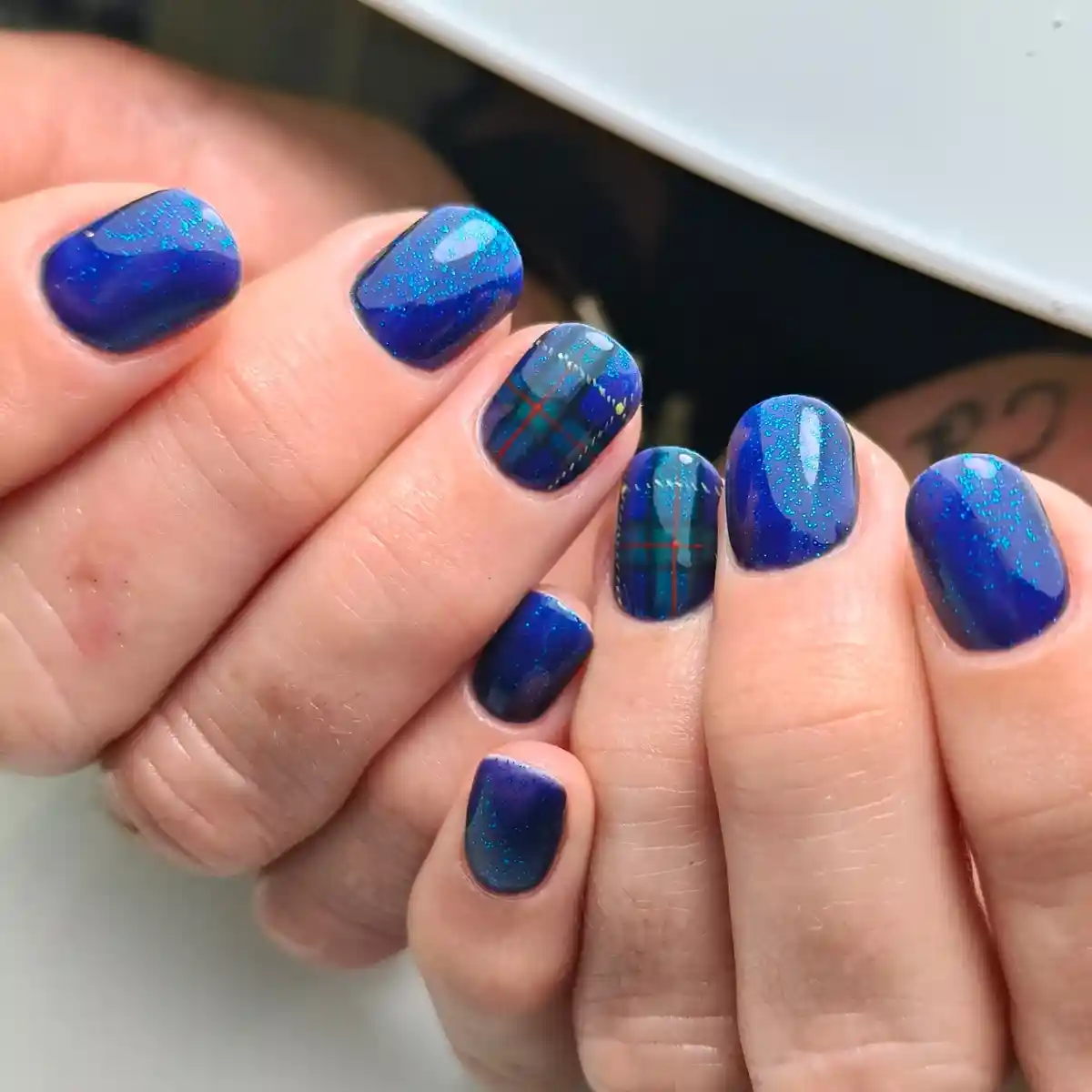 Deep Blue Glitter with Dark Plaid Accent Nails