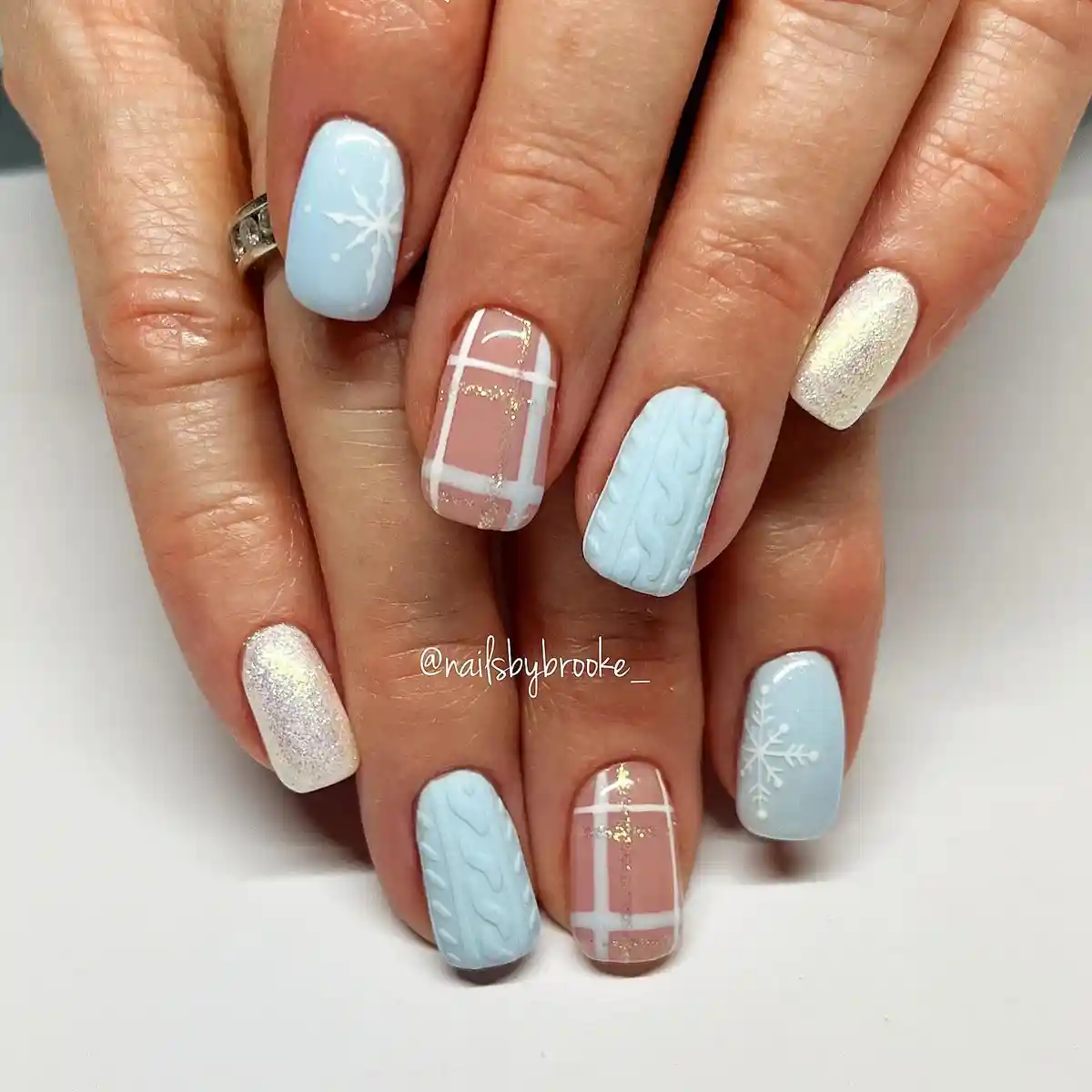 Light Blue Textures with Nude Plaid and Snowflakes