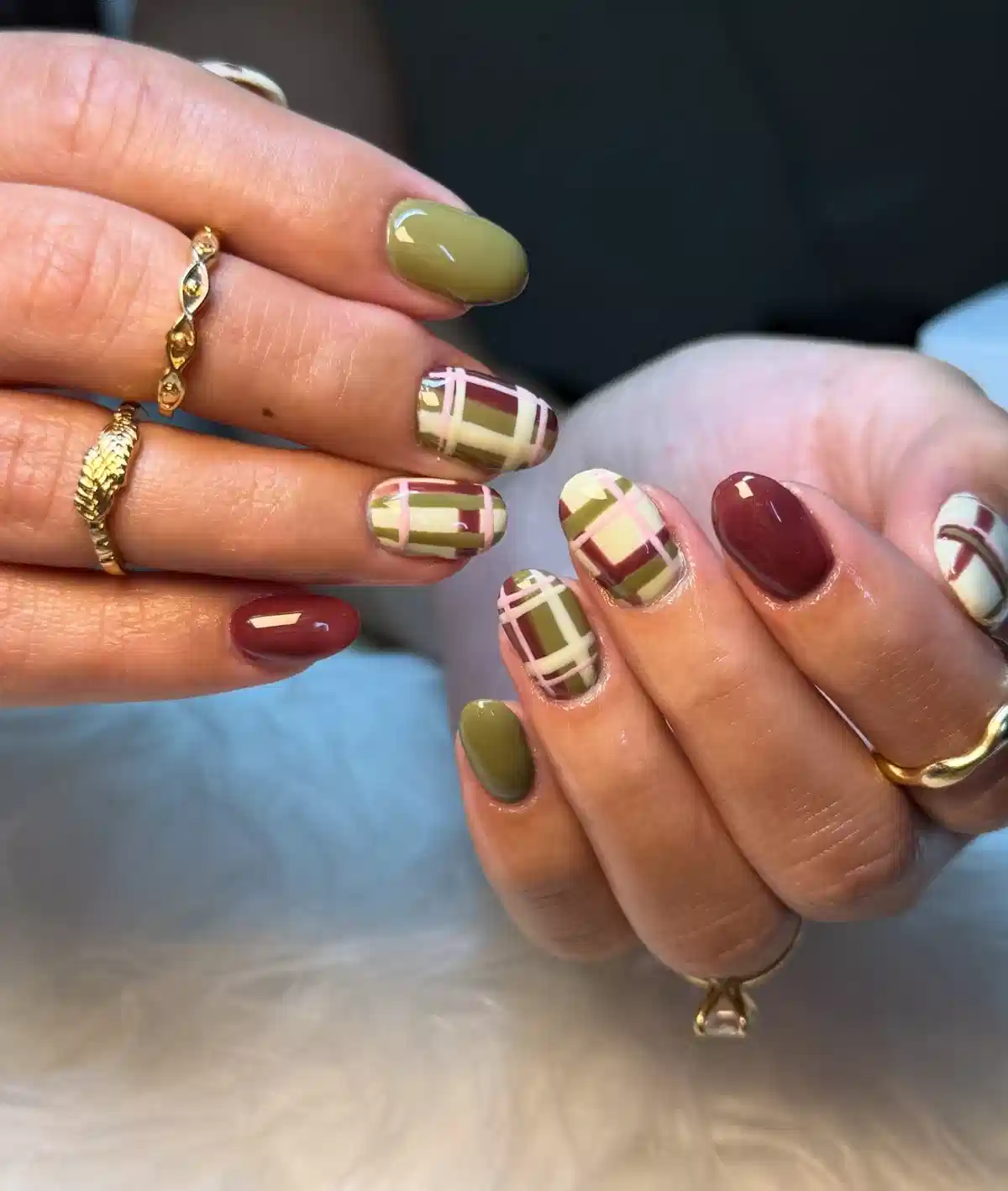 Olive and Burgundy Plaid Mix with Solid Gloss Nails
