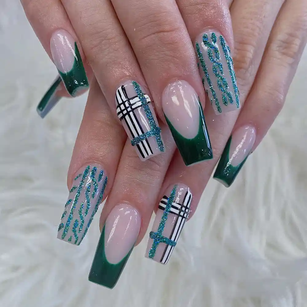 Green Tips with Teal Glitter and Plaid Accents