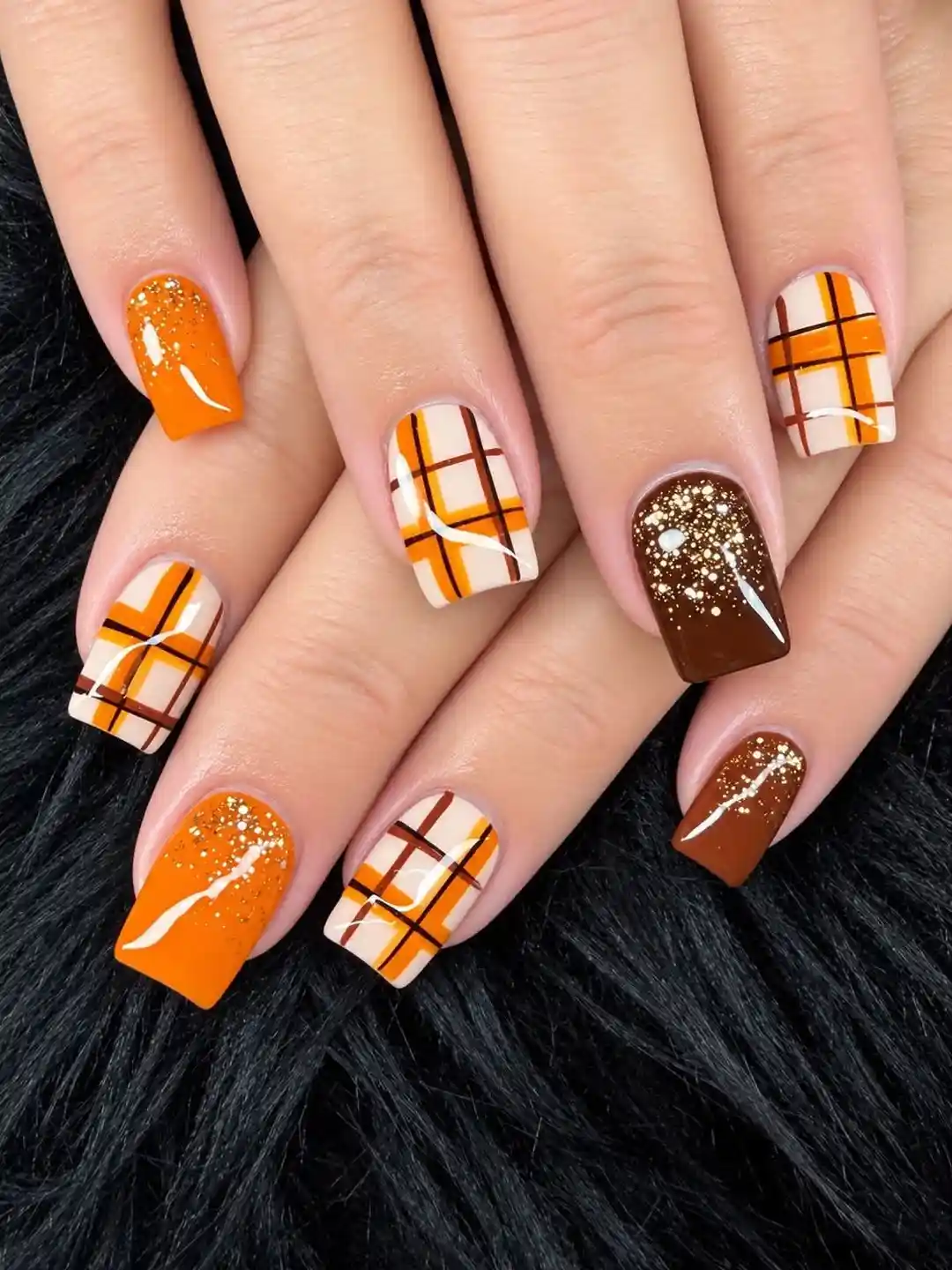 Orange-and-Brown Plaid with Gold Glitter Accents